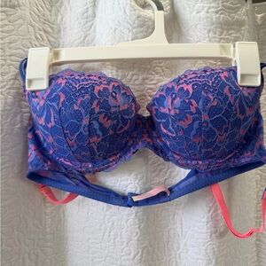 PINK Victoria's Secret Blue & Pink Lace Push-Up Bra